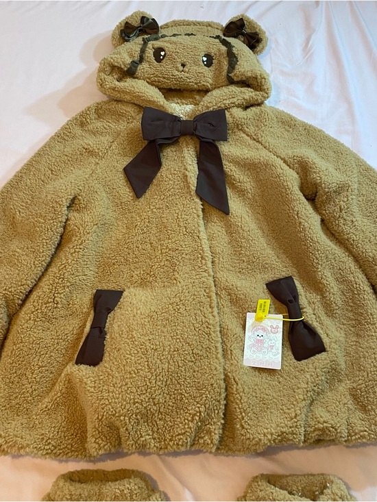 NWT Kawaii Huhu EGL Lolita Brown Milk Tea Tan Bear Hooded Coat + Leg Warmers Set - Picture 3 of 8